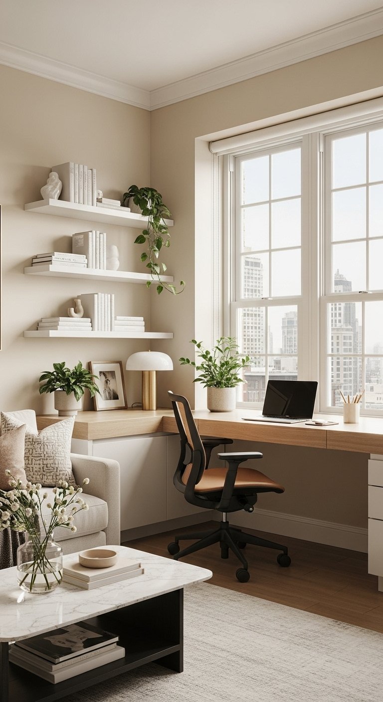 Long bureau en bois sous une grande fenetre avec etageres flottantes blanches
