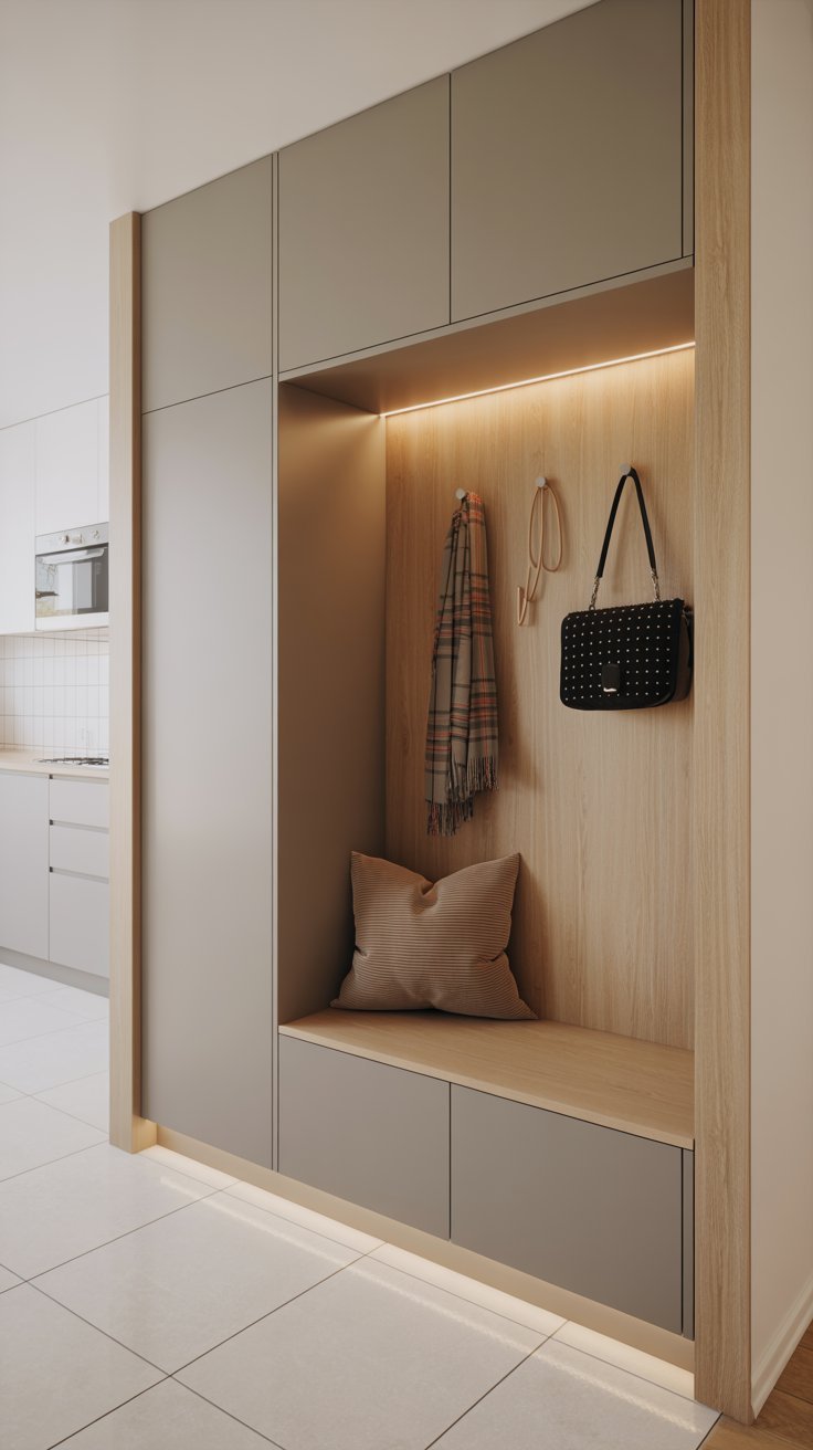 Niche en bois clair encastrée dans un meuble gris avec éclairage LED