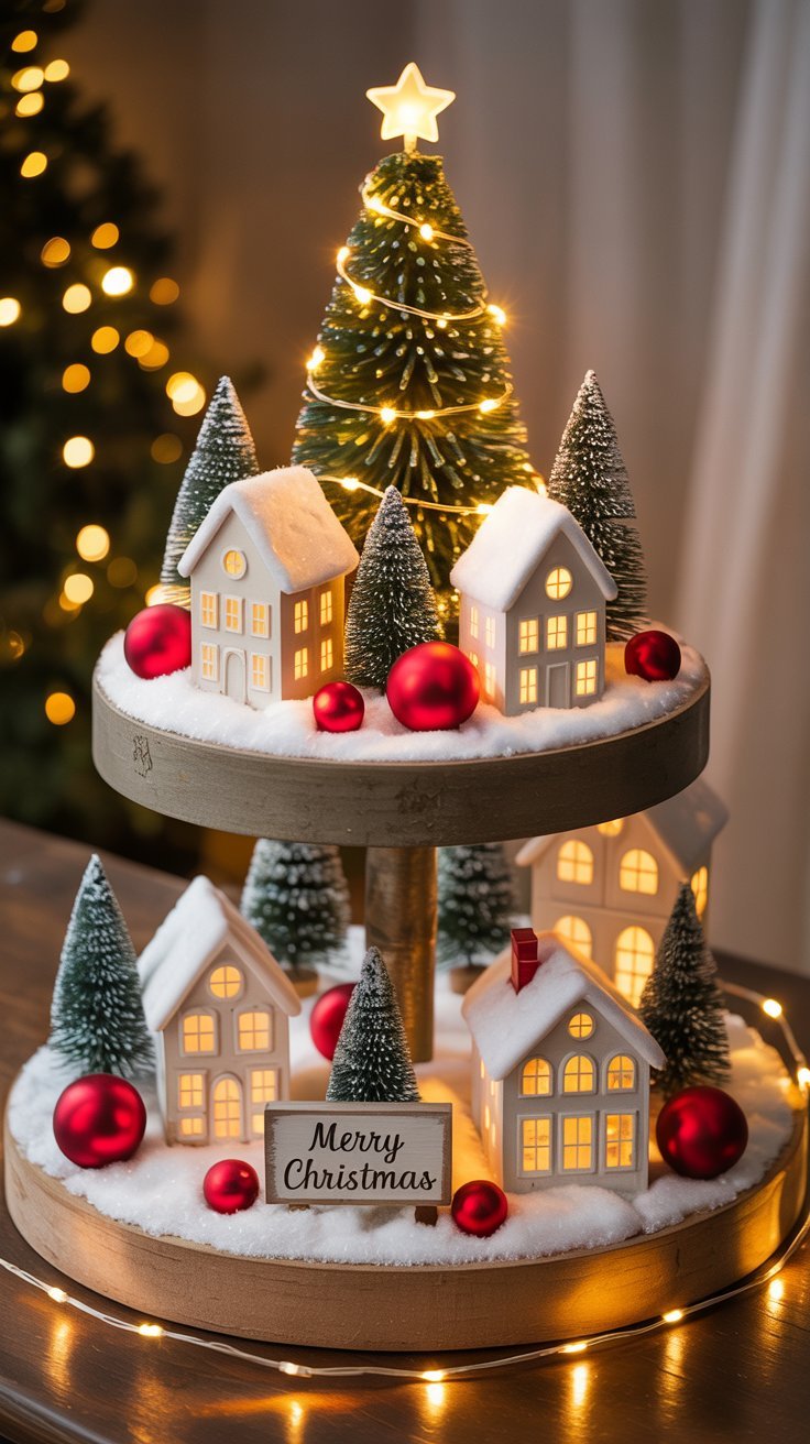 Présentoir en bois à deux étages avec un village de noel miniature illuminé