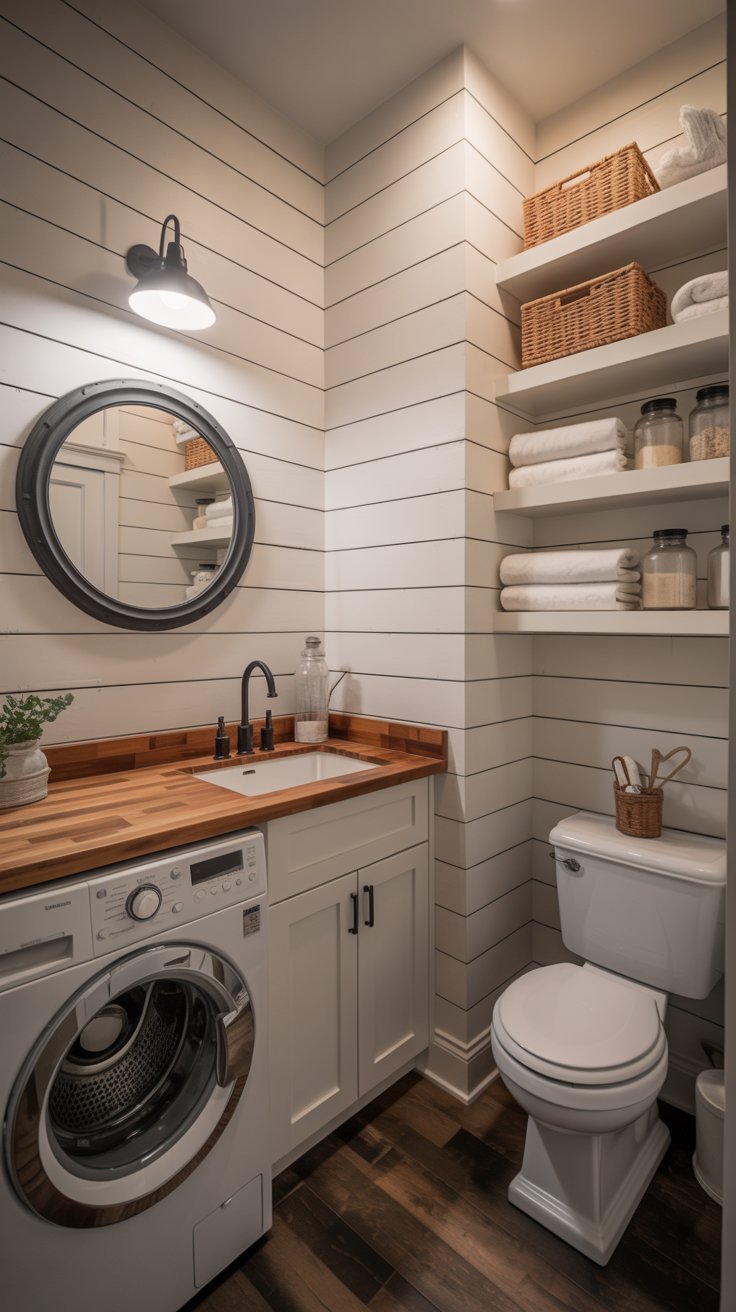 Salle d eau avec buanderie murs en shiplap blanc et comptoir en bois