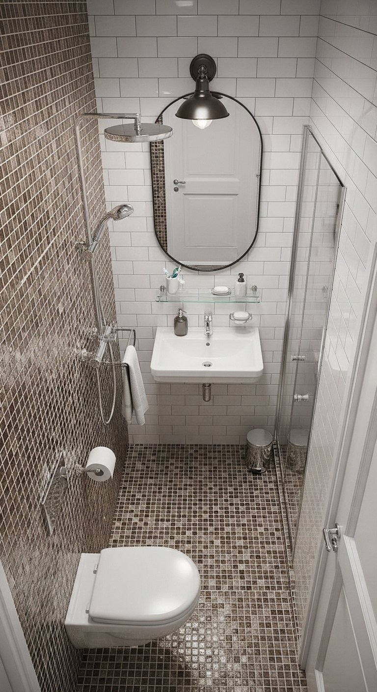 Salle de bain étroite avec carrelage mural métro et mosaïque au sol