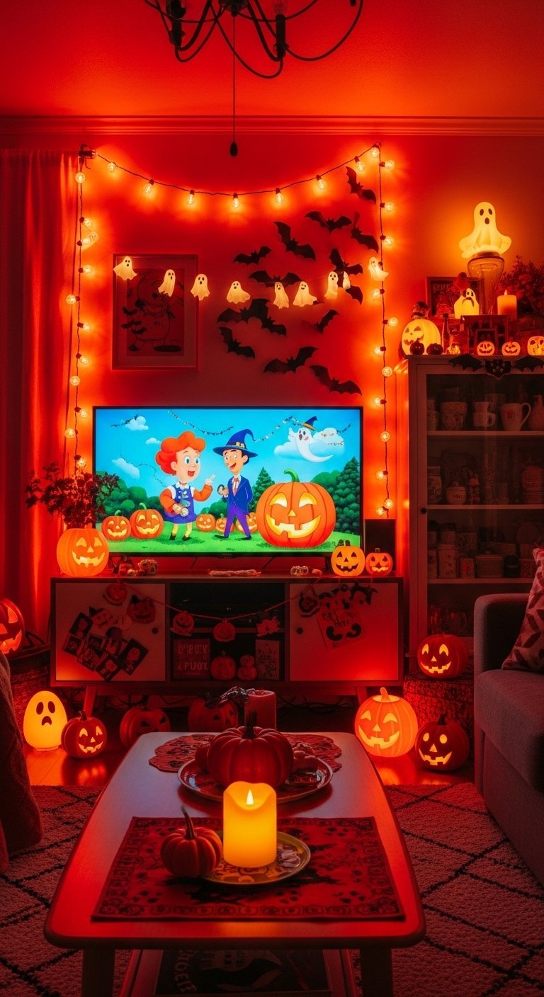 Salon d Halloween illumine en rouge avec des citrouilles et des fantomes