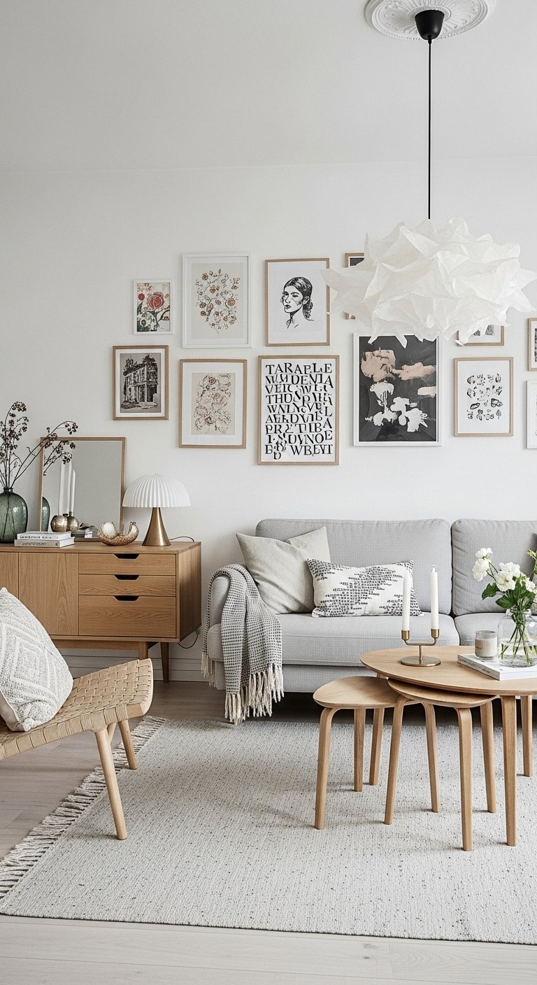 Salon de style scandinave avec mur de cadres et canapé gris