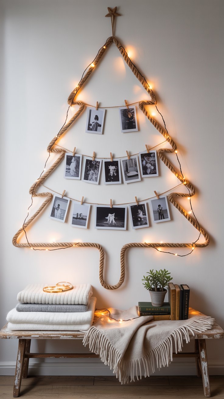 Sapin de Noël mural en corde avec des photos de famille