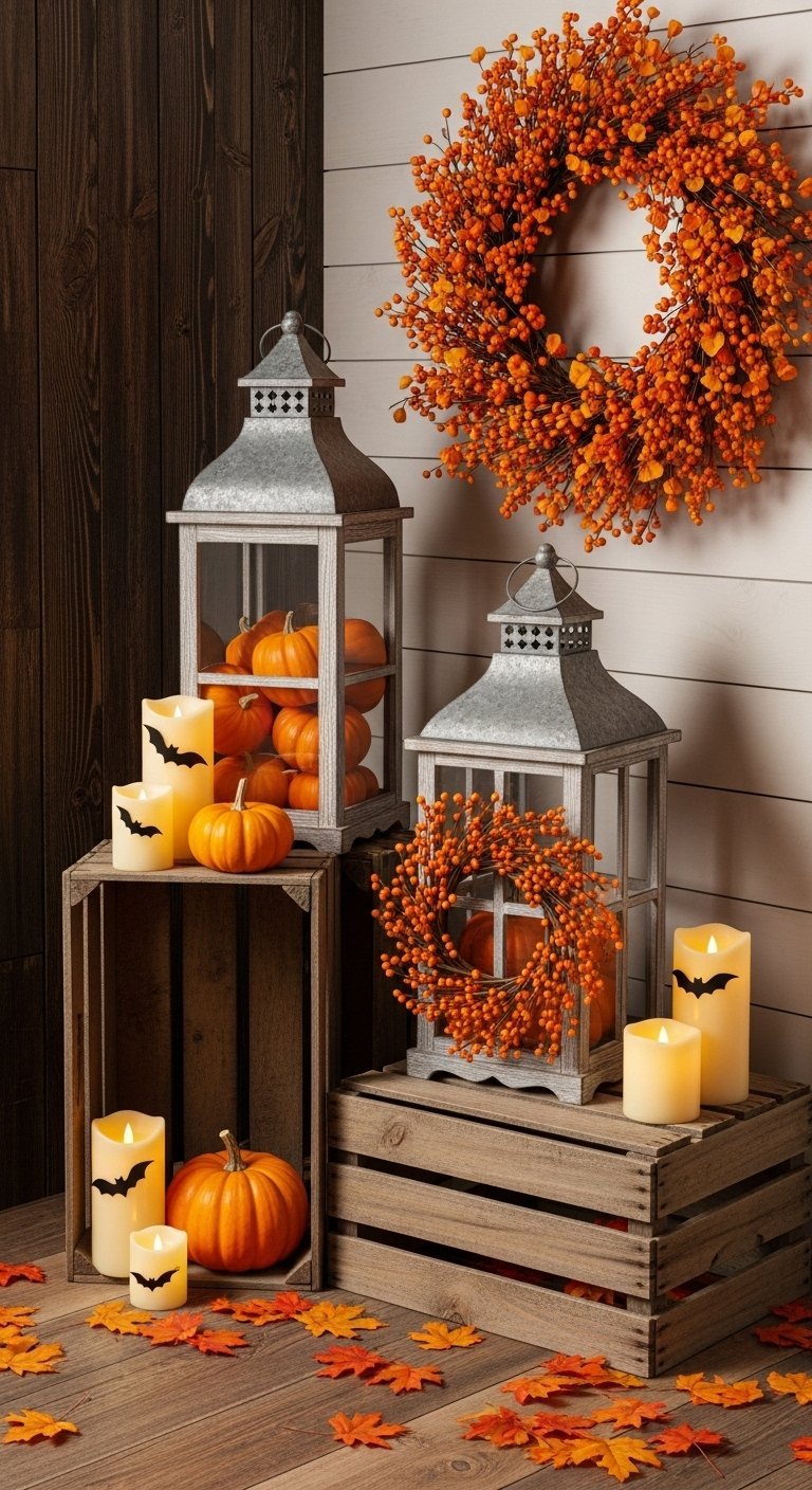 Scene decorative d Halloween avec des lanternes et des citrouilles sur des caisses en bois