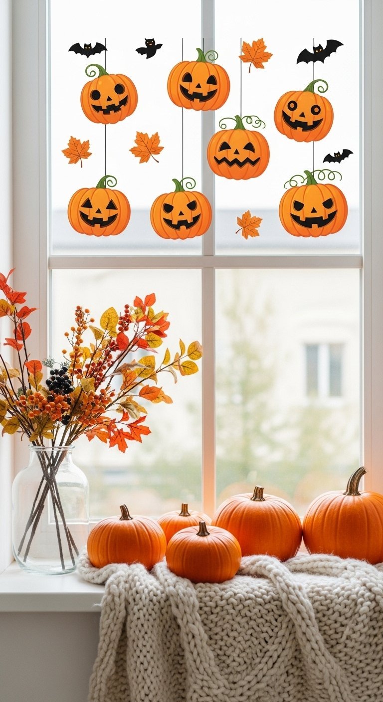 Stickers citrouilles d Halloween sur une fenêtre avec plaid en tricot