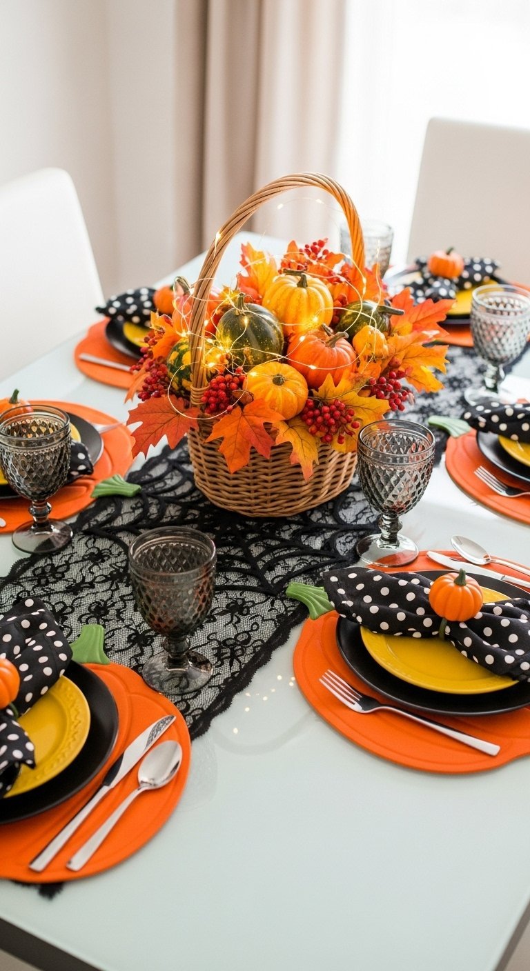 Table d halloween orange et noir avec chemin de table en dentelle