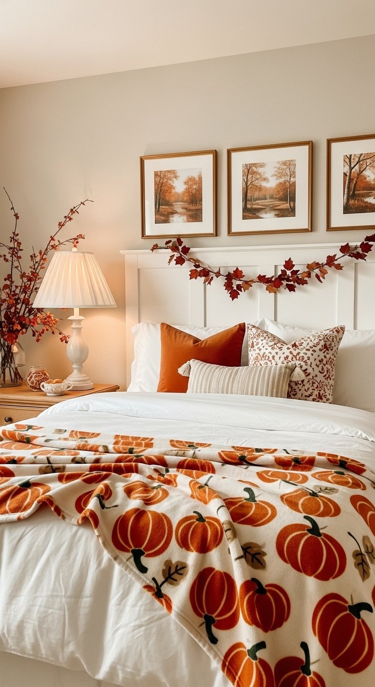 Tete de lit blanche avec trois cadres et une couverture a motifs de citrouilles