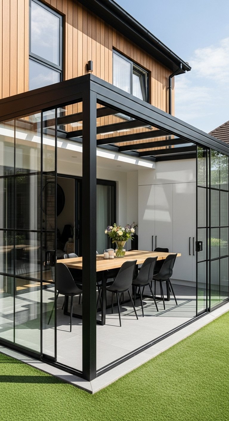 Véranda noire de style industriel avec table à manger en bois