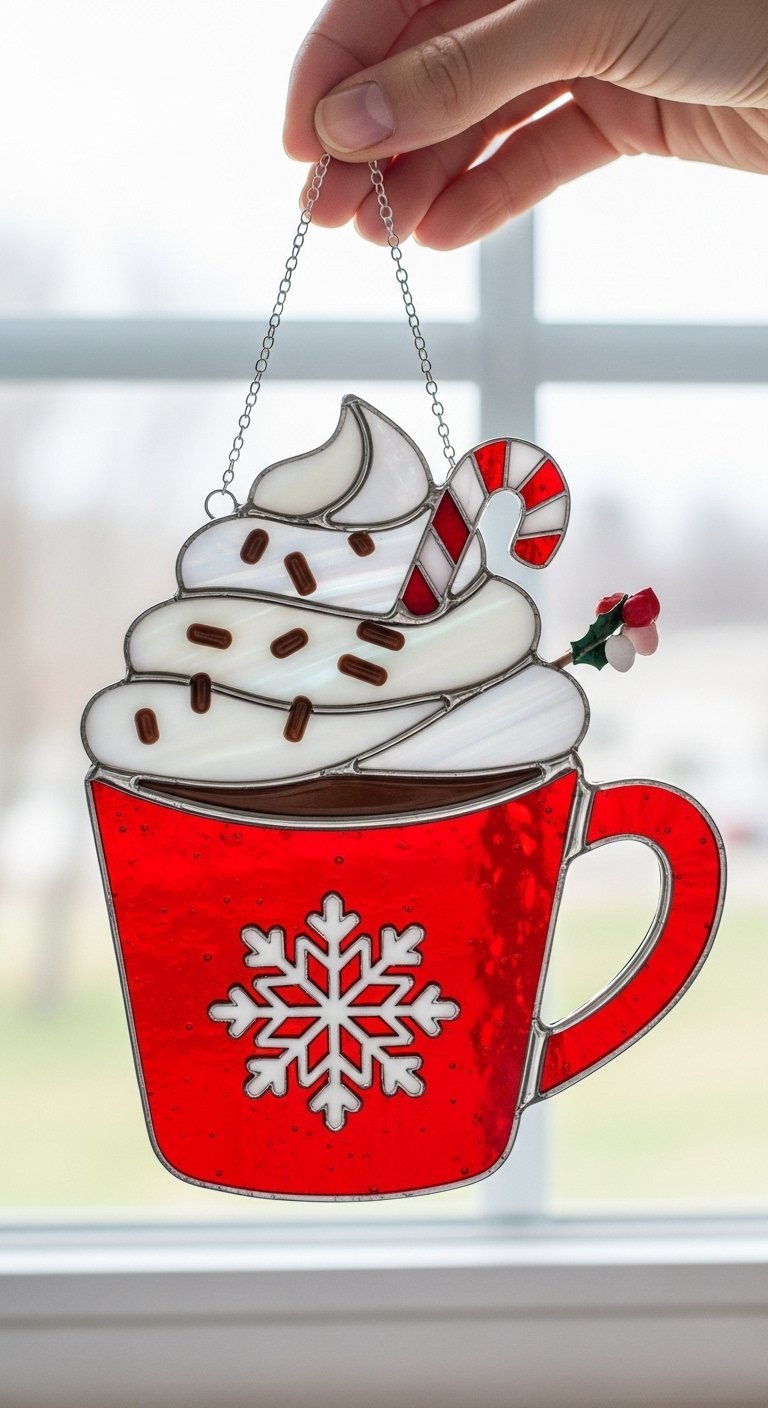 Vitrail tasse de chocolat chaud de Noël avec crème fouettée et canne en sucre