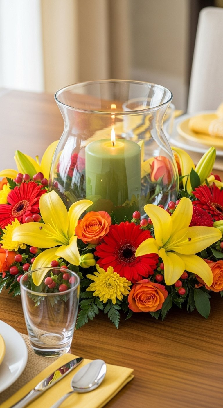 Arrangement floral vibrant avec lys jaunes gerberas rouges et une bougie verte