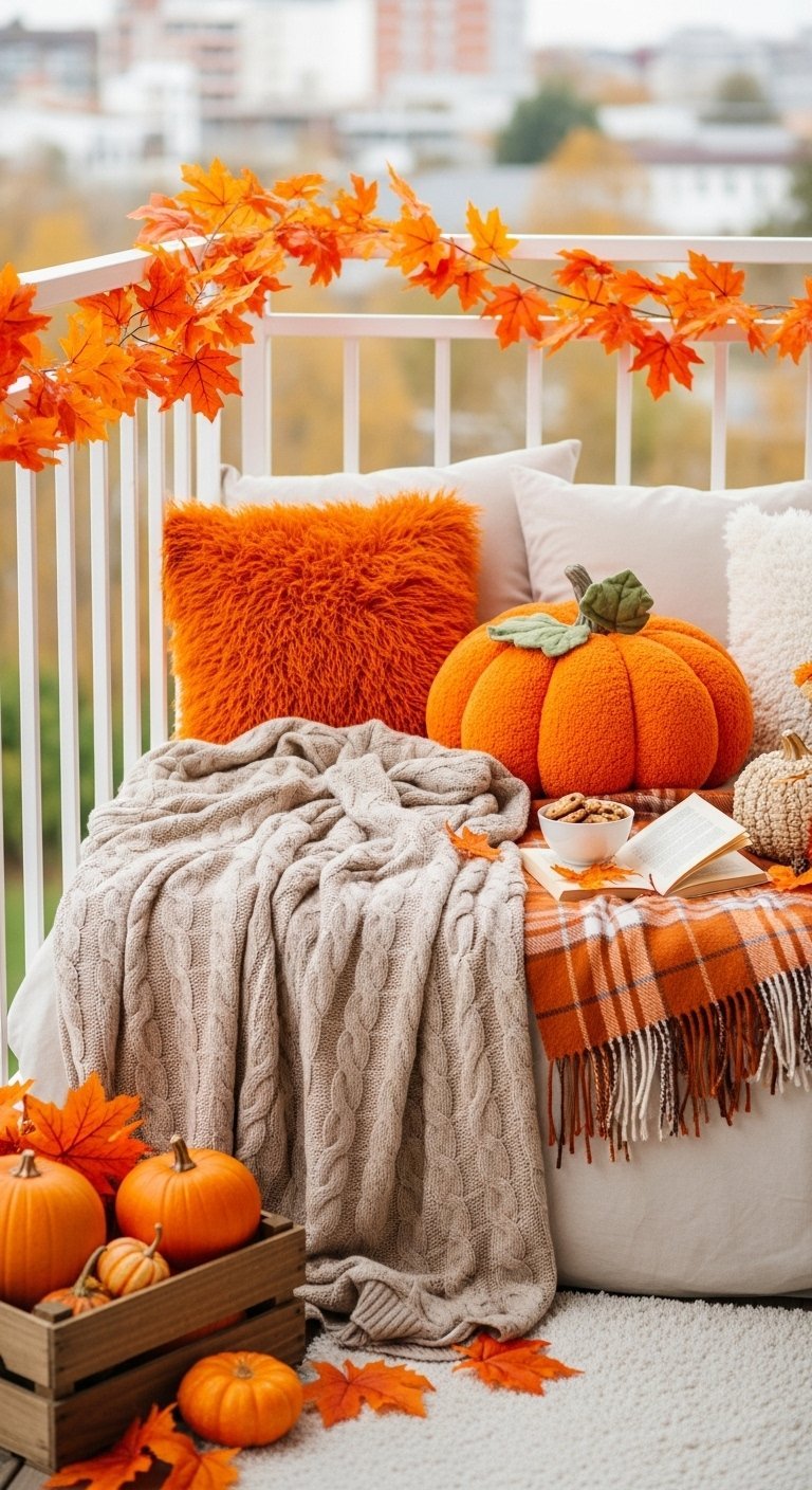 Balcon amenage avec un plaid en tricot et des citrouilles pour l automne