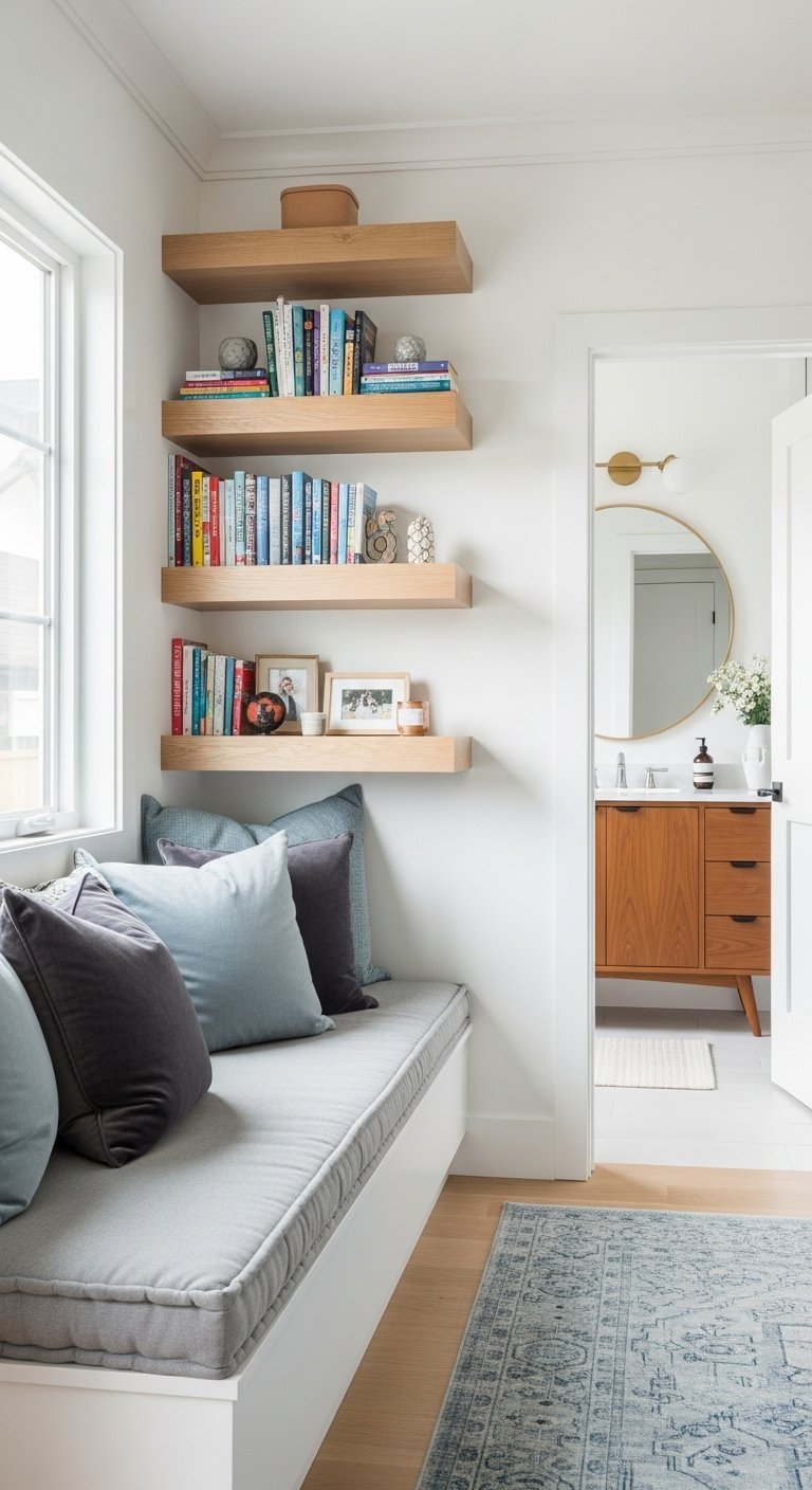 Banquette de fenetre avec etageres dangle en bois flottantes