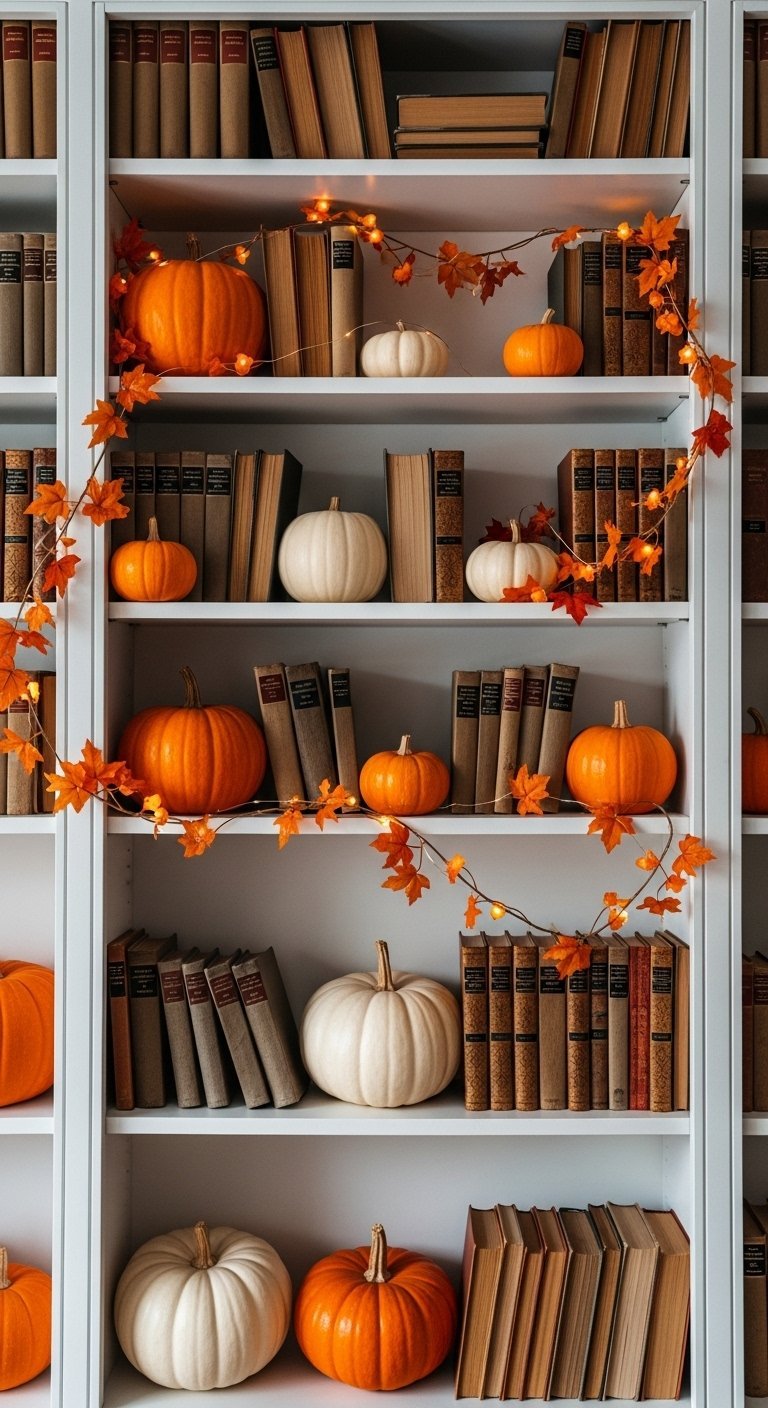 Bibliotheque blanche remplie de livres et decoree de citrouilles et de lumieres