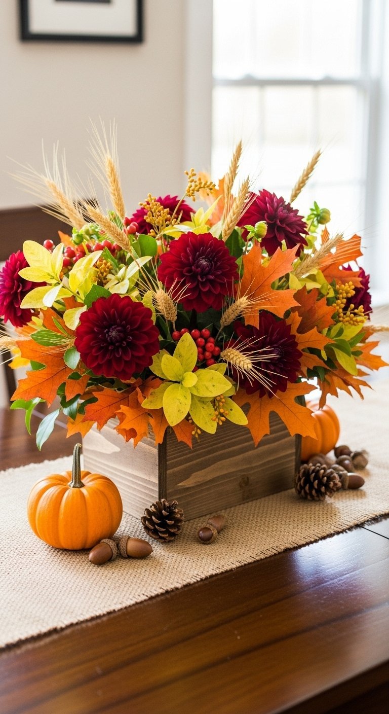 Boîte en bois avec un arrangement de fleurs et de feuilles d automne