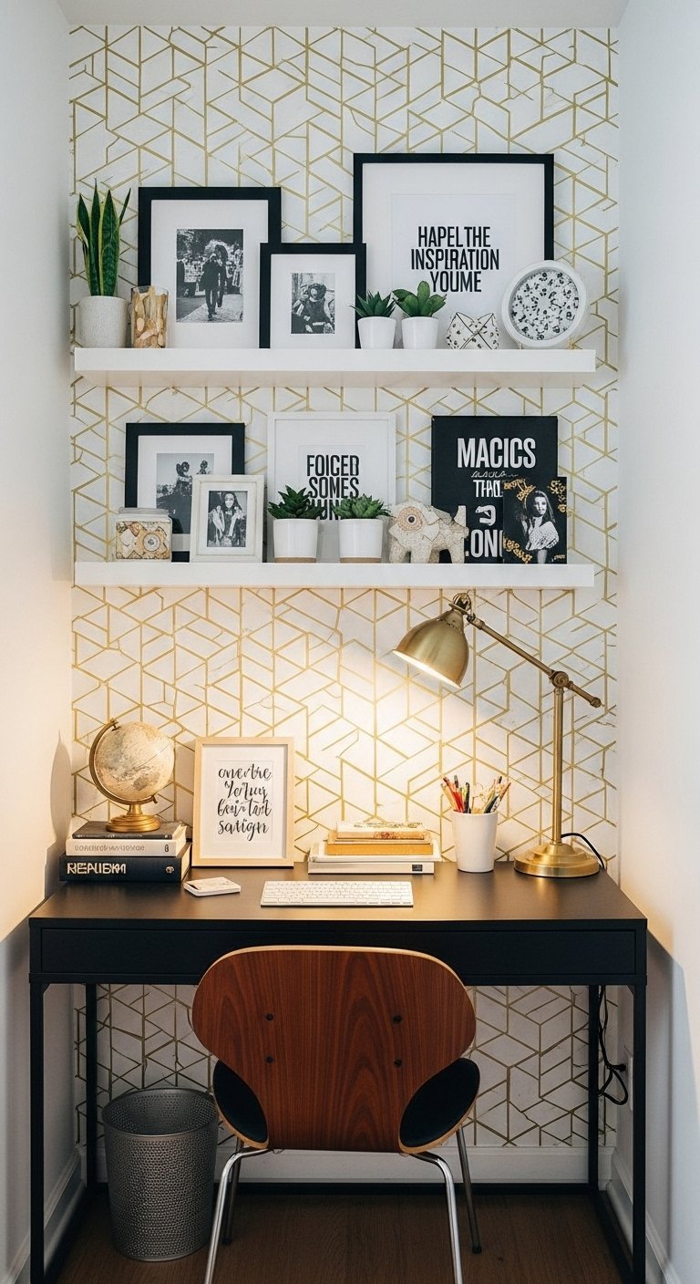 Bureau avec papier peint géométrique doré et chaise de style Mid Century