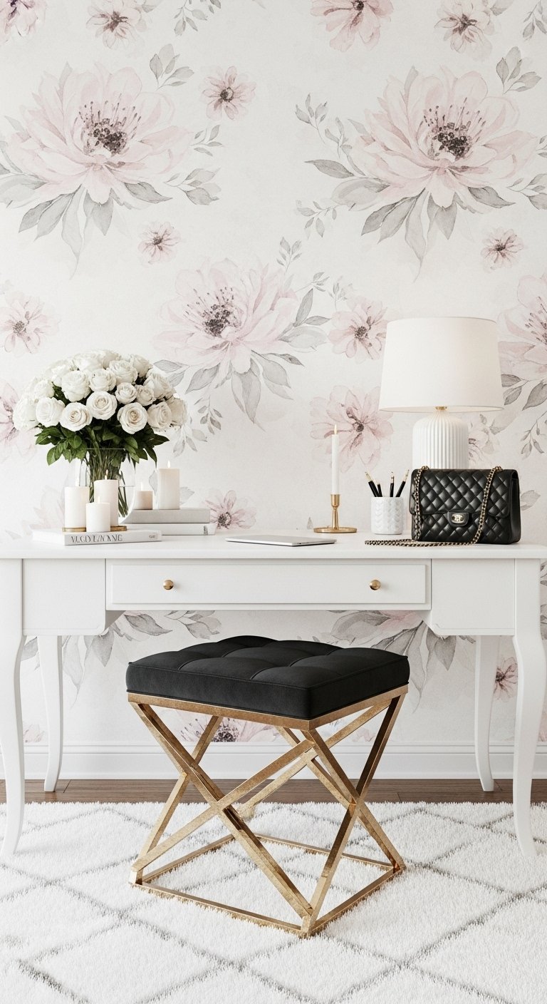 Bureau blanc élégant devant un papier peint floral avec tabouret noir