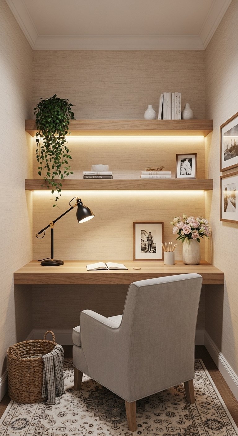 Bureau élégant dans une alcôve avec des étagères en bois éclairées par des LED