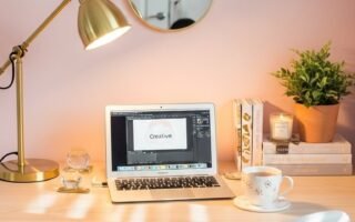 Bureau en bois devant un mur rose avec une lampe dorée et un miroir rond