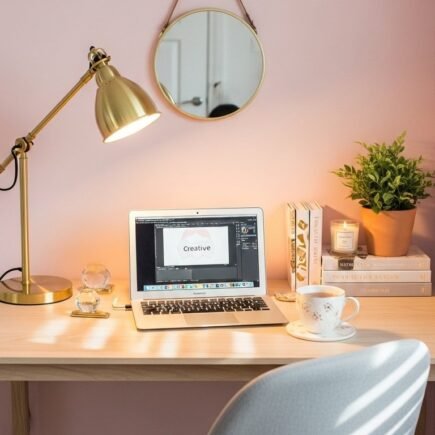 Bureau en bois devant un mur rose avec une lampe dorée et un miroir rond