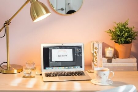 Bureau en bois devant un mur rose avec une lampe dorée et un miroir rond