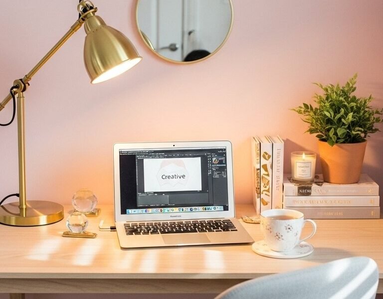 Bureau en bois devant un mur rose avec une lampe dorée et un miroir rond