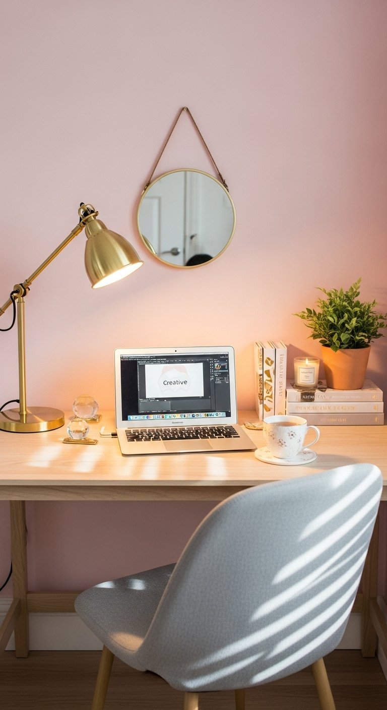 Bureau en bois devant un mur rose avec une lampe dorée et un miroir rond
