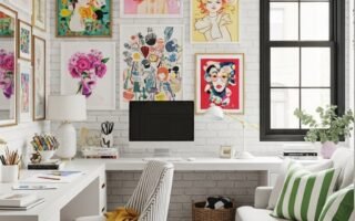 Bureau entoure de nombreux cadres colores sur un mur de briques blanches
