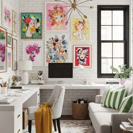 Bureau entoure de nombreux cadres colores sur un mur de briques blanches