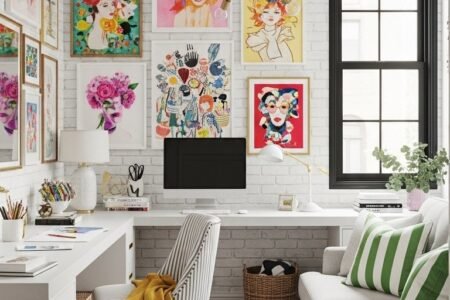 Bureau entoure de nombreux cadres colores sur un mur de briques blanches