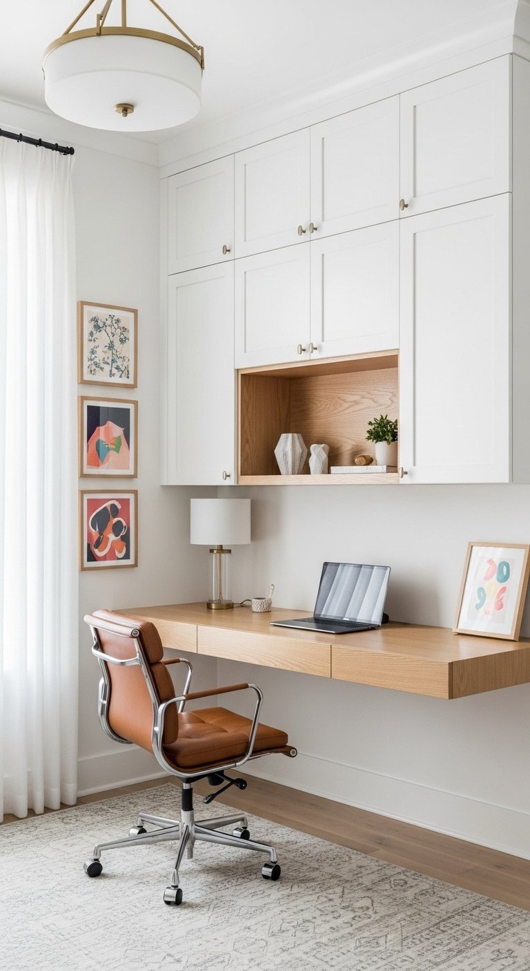Bureau flottant en bois avec chaise en cuir marron et rangements blancs