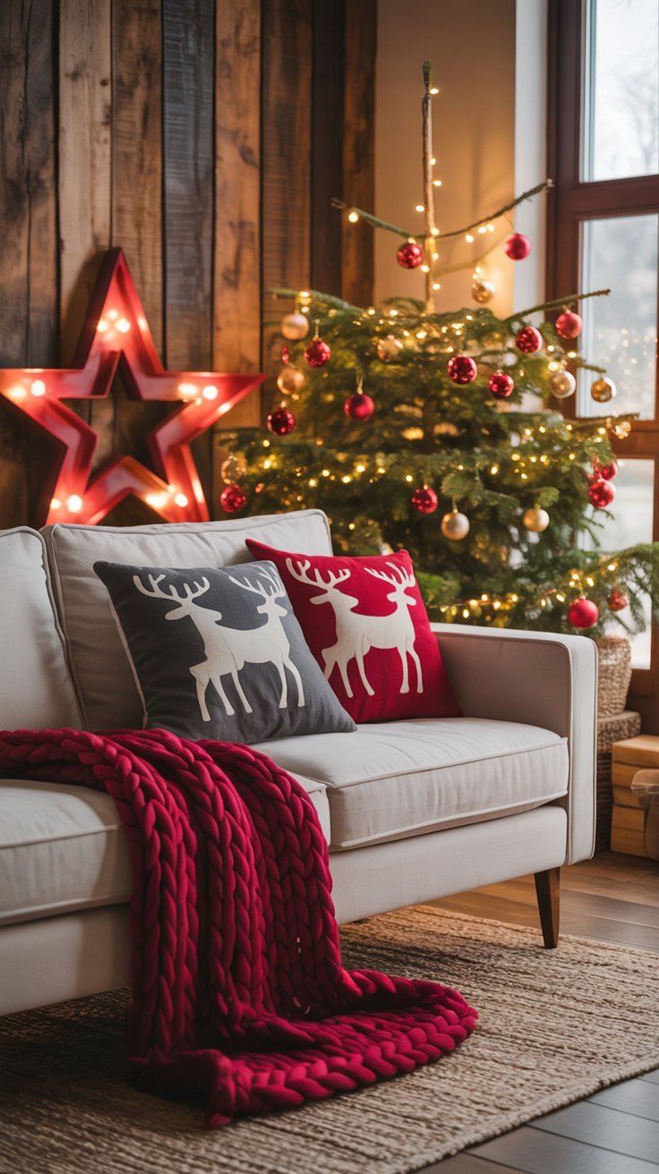Canapé blanc avec des coussins à motif de renne et un plaid rouge