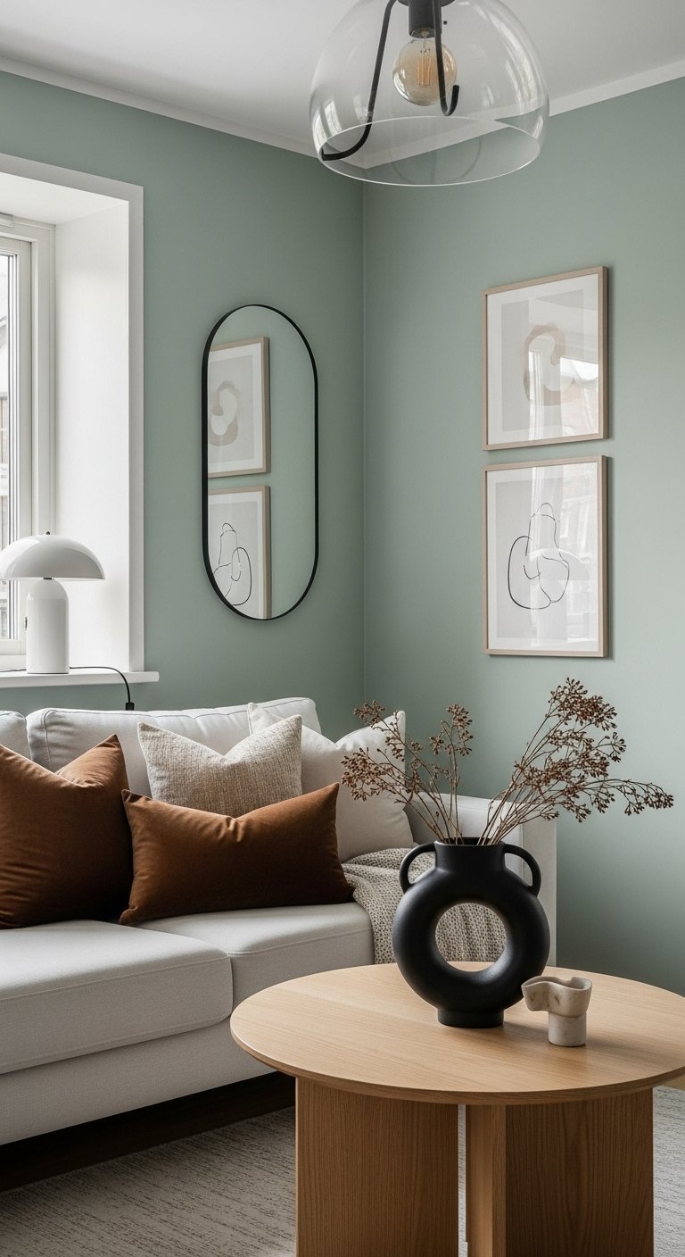 Canapé blanc dans un coin de salon avec mur vert sauge