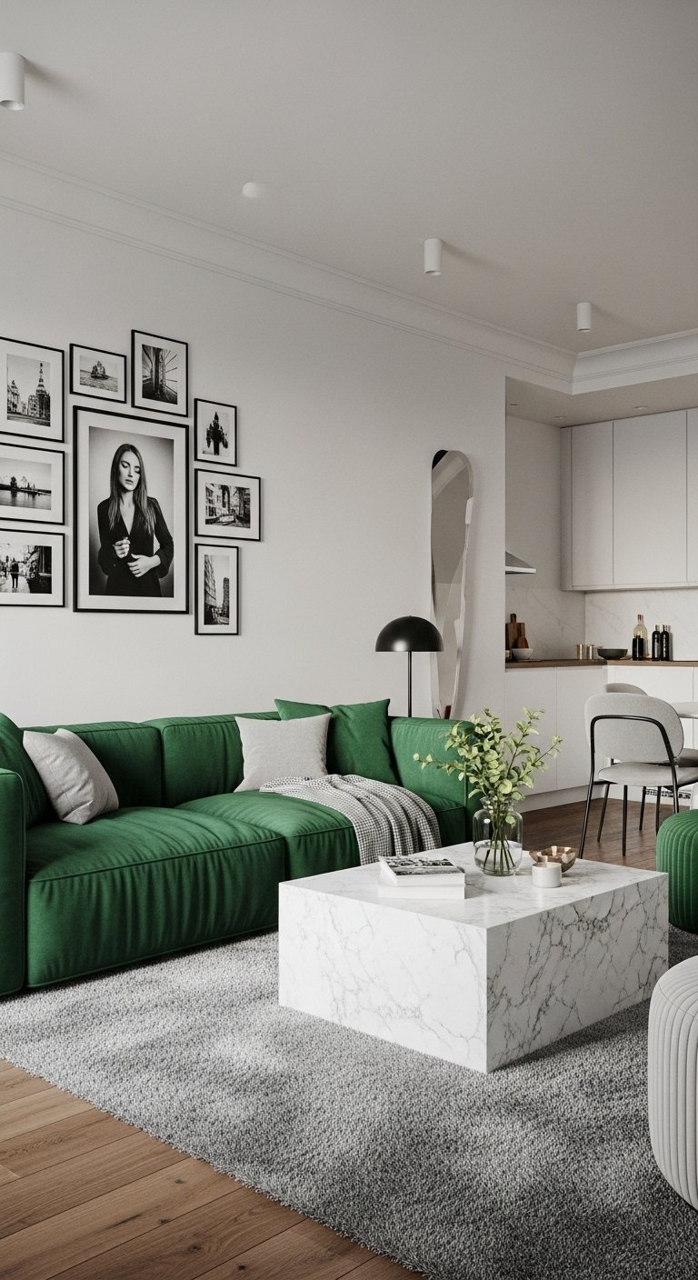 Canapé vert émeraude avec table basse en marbre dans un salon contemporain
