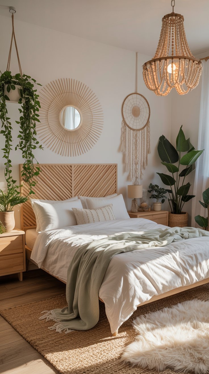 Chambre bohème avec lustre en perles de bois et attrape rêves