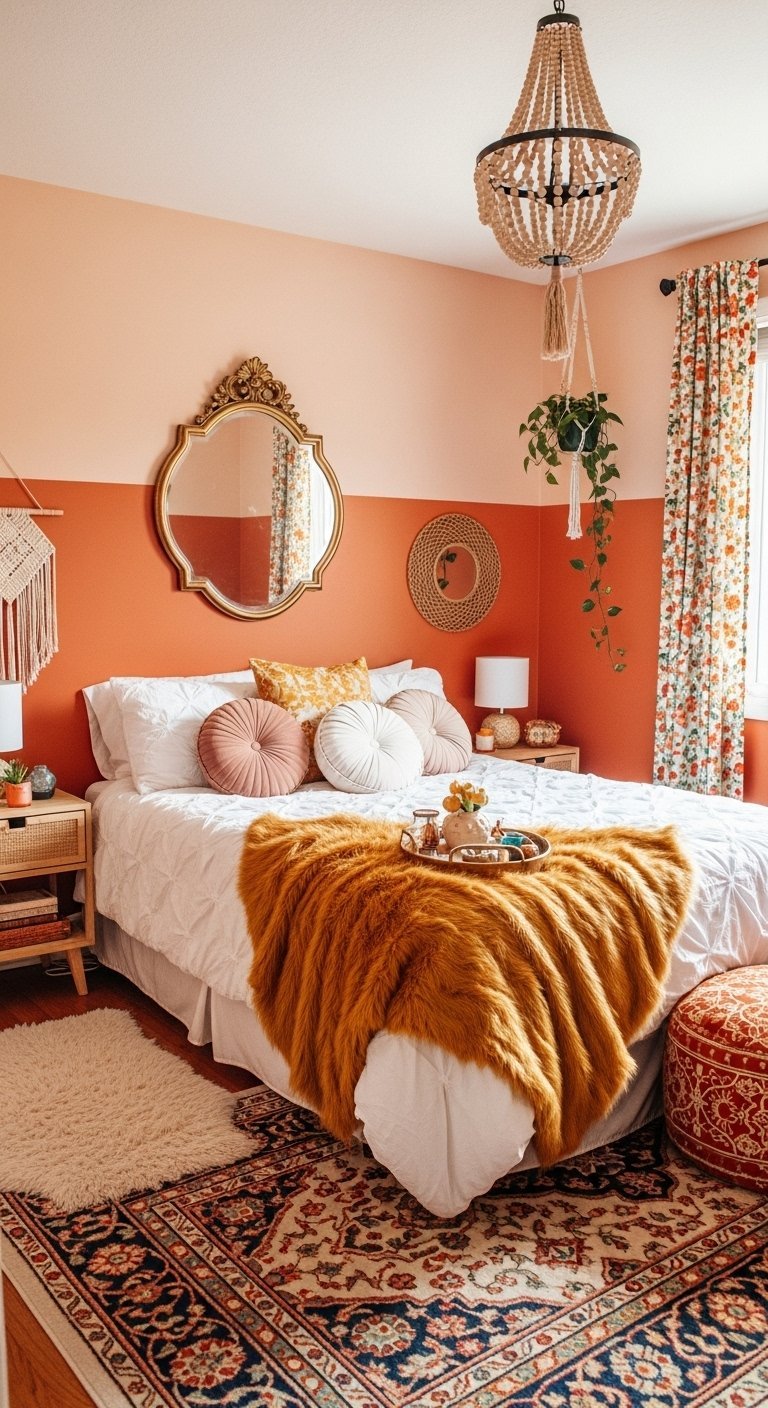 Chambre bohème avec mur bicolore terracotta et pêche