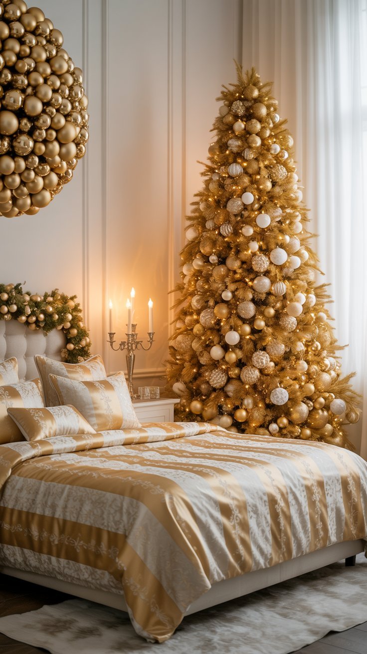 Chambre luxueuse avec un grand sapin de Noël doré