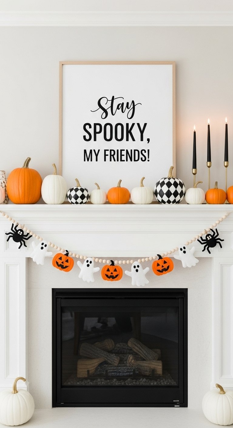 Cheminee blanche moderne avec des citrouilles et un cadre Stay Spooky