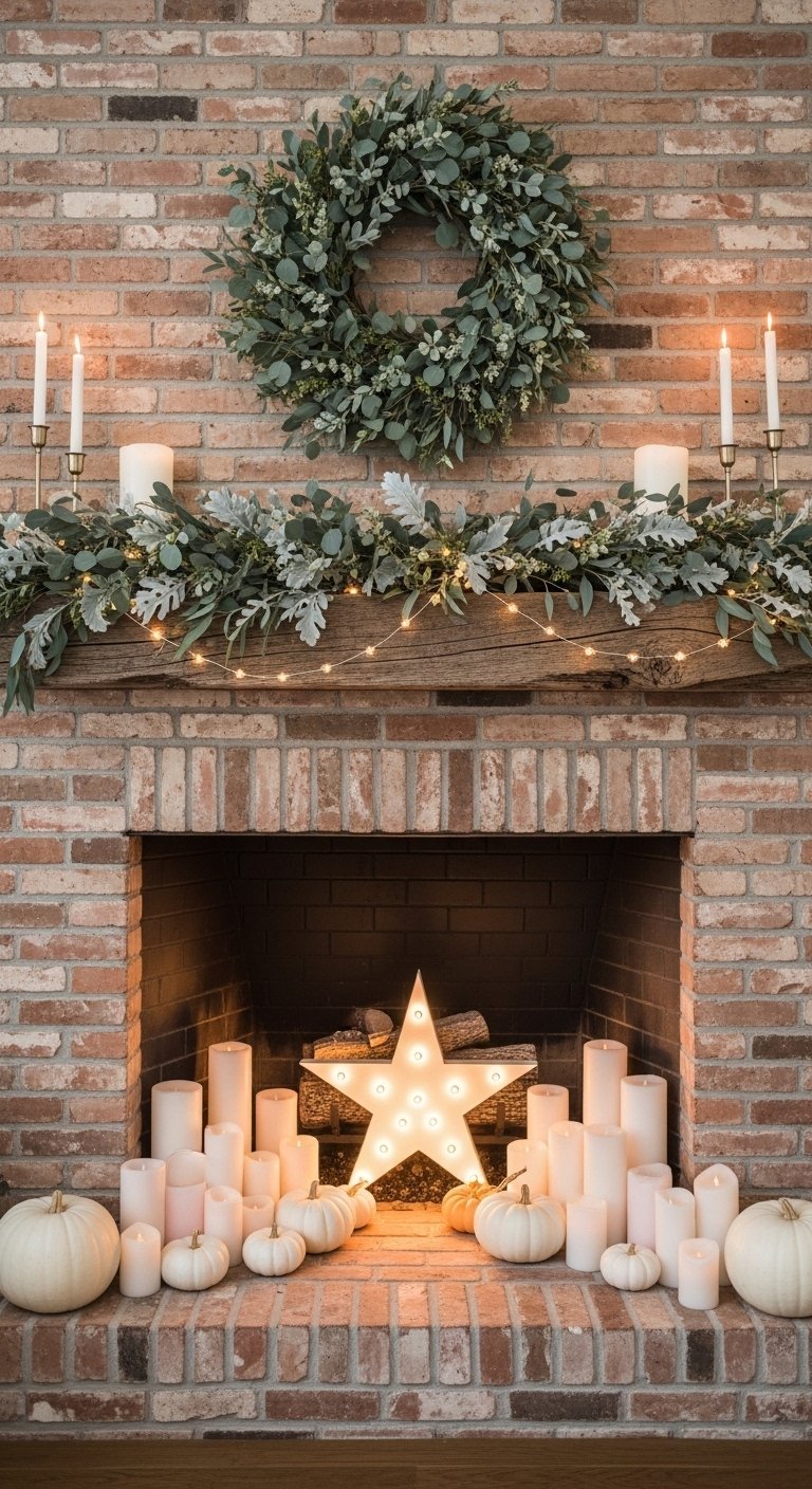 Cheminée en brique avec couronne d eucalyptus et étoile lumineuse