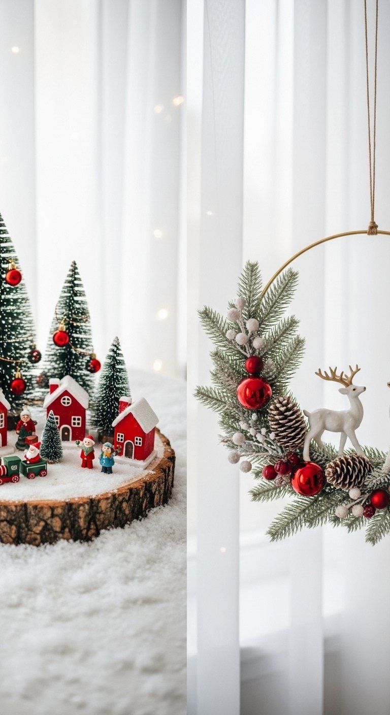Composition de décorations de Noël avec un village miniature et une couronne