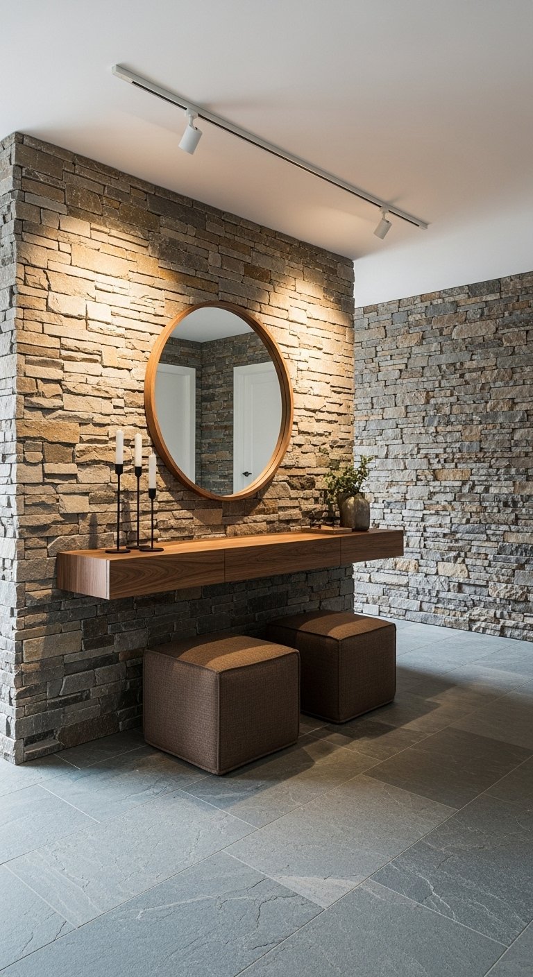 Console flottante en bois devant un mur en pierre naturelle avec deux poufs bruns