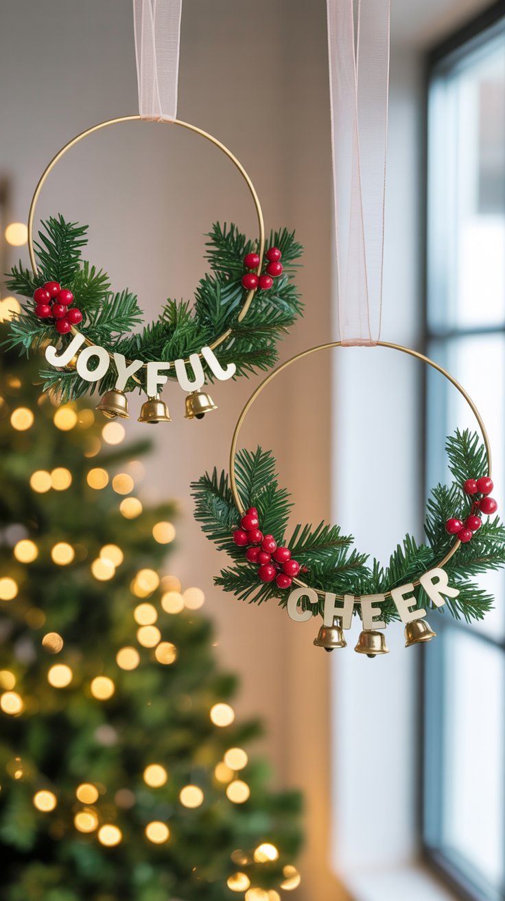 Couronnes de noel modernes dorées avec les mots Joyful et Cheer