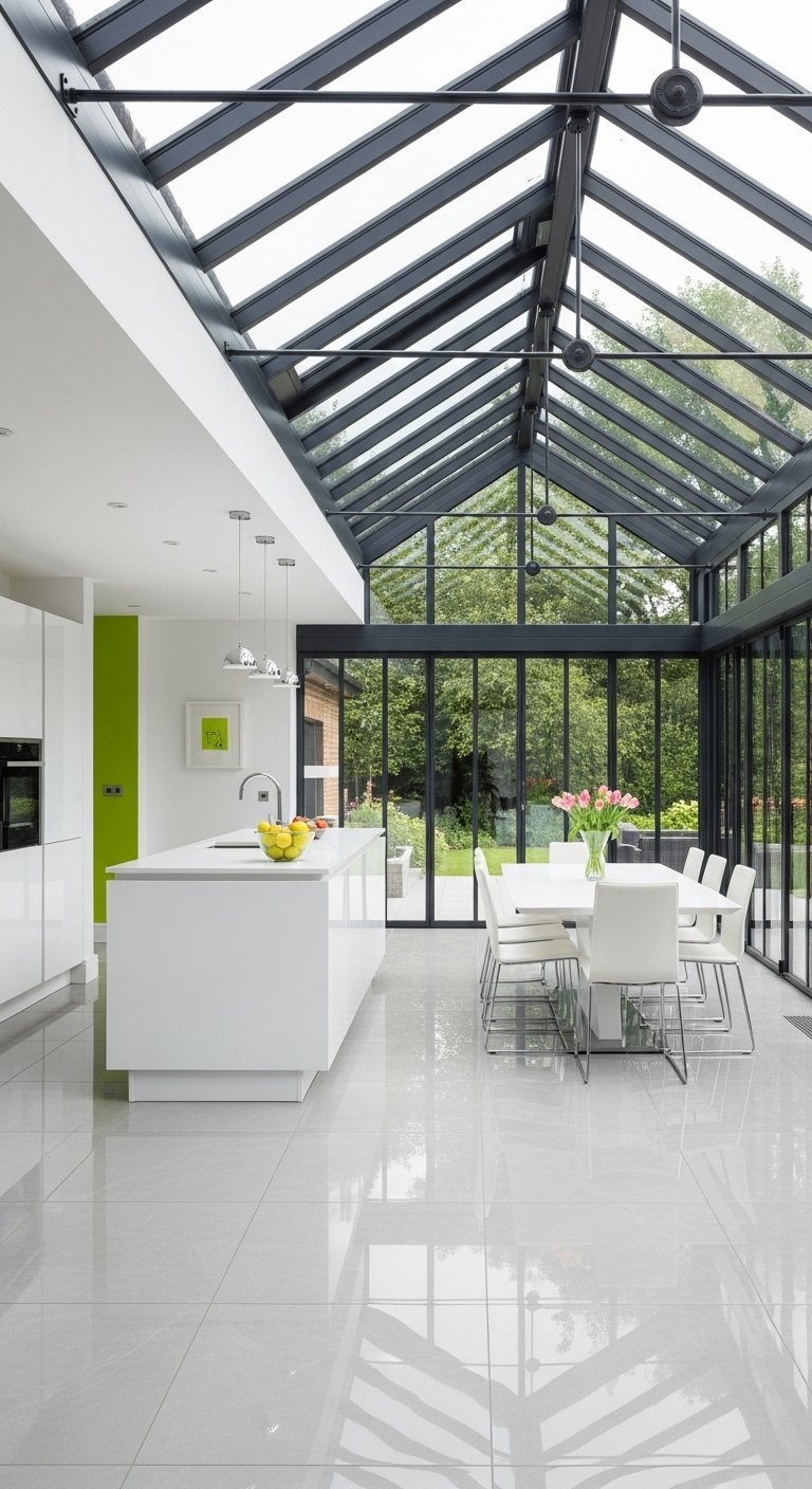 Cuisine blanche moderne ouverte sur une extension de véranda vitrée