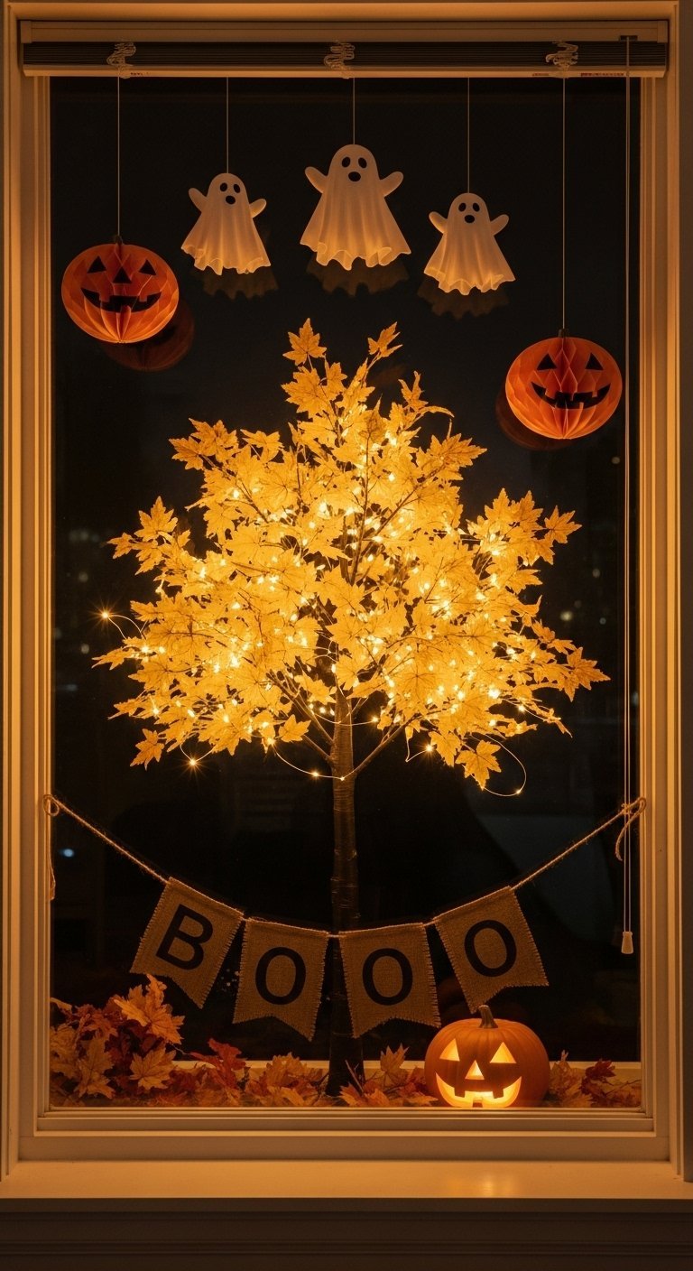 Decoration de fenetre dhalloween avec un arbre lumineux et des fantomes