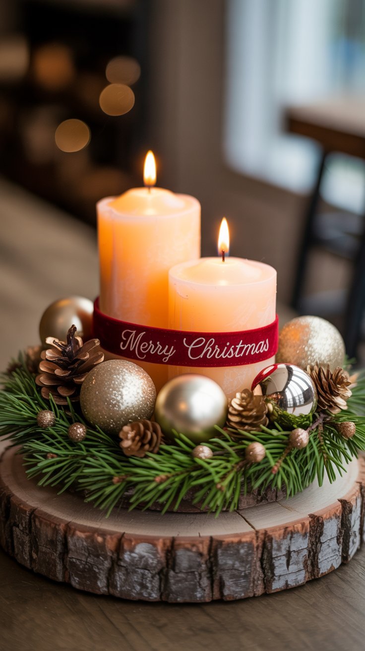 Deux bougies sur une rondelle de bois avec un ruban Merry Christmas