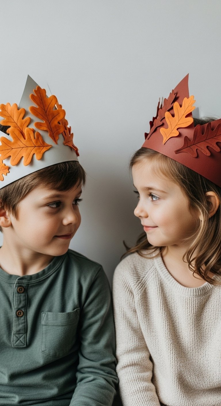 Deux enfants portant des couronnes en papier décorées de feuilles de chêne