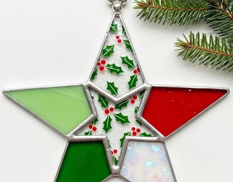 Étoile de Noël en vitrail avec différentes couleurs et motifs sur chaque branche