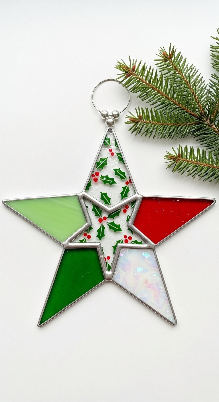 Étoile de Noël en vitrail avec différentes couleurs et motifs sur chaque branche