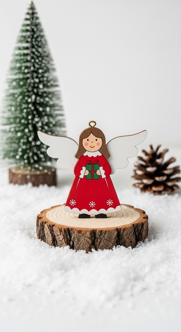 Figurine d ange de noel en bois peint posee sur une tranche de bois