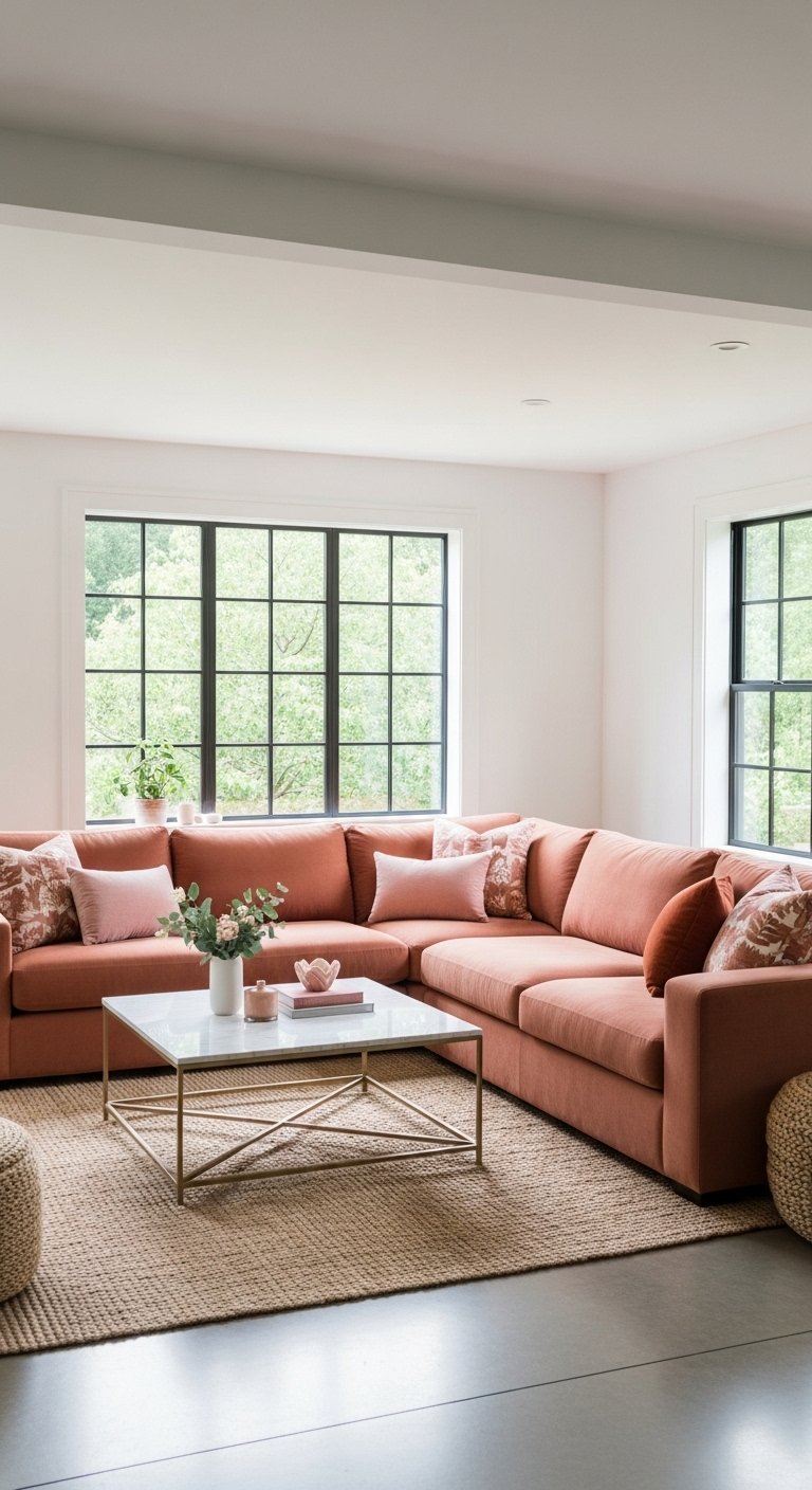 Grand canape dangle terracotta dans un salon familial avec tapis en jute